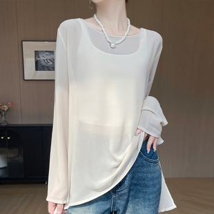通勤风微透长袖T恤女宽松圆领防晒罩衫乔其纱飘逸感气质百搭上衣