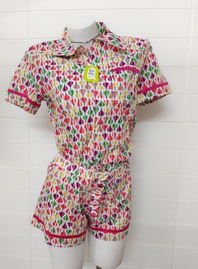 品牌女夏全棉气球图案开衫翻领短袖短裤甜美酷飒家居服套装可外穿