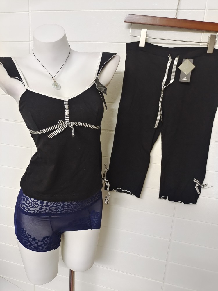 峰女夏棉女黑色小飞袖吊带背心七睡衣/家居服套装
