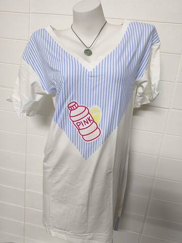 女夏95棉米白蓝条双V领带绑带甜美背心连衣裙可外穿款家居服