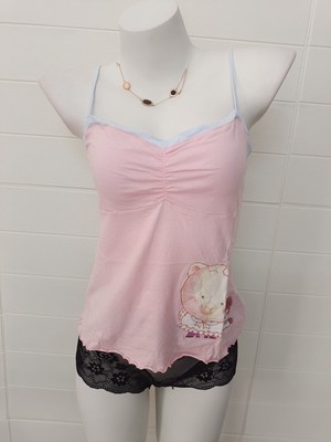 女夏款全棉三朵小花粉色小猪精品吊带背心加七分裤套装孤品捡漏