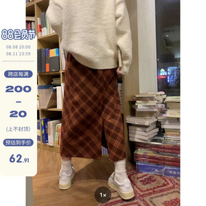 馨帮帮 裙子长款秋冬季宽松直筒包臀a字美式复古红格子半身裙女