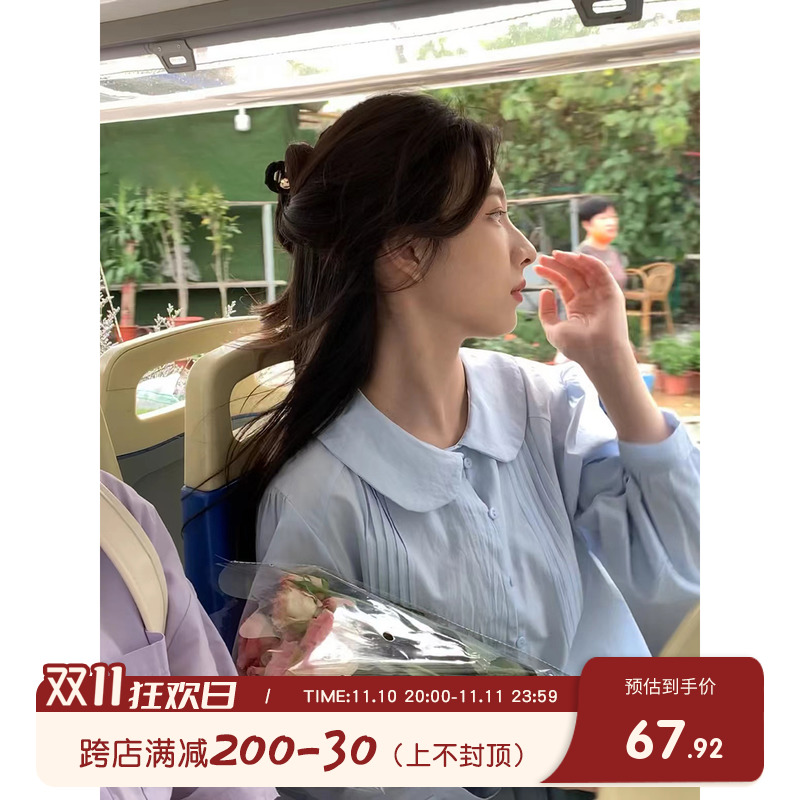 馨帮帮春季上衣女2023新款设计感韩系小清新长袖白色娃娃领衬衫女