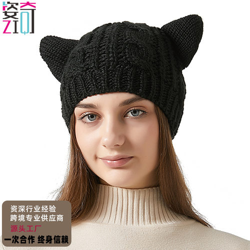 帽子工厂欧美恶魔角猫耳朵针织帽卡其卡通减龄护耳保暖毛线帽