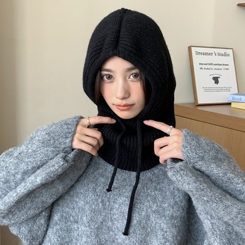 2024新款秋冬纯色大版毛线帽子女百搭护颈保暖一体针织围脖连帽围