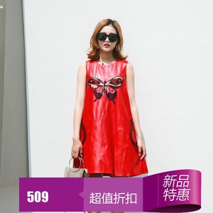 绵羊皮中长款连衣裙女2017新款秋冬宽松大码时尚无袖韩版真皮裙子