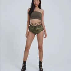 Пользовательские шорты iamyoyo炒色做旧荷叶heels twerk jazz钢管dancehall绑带高腰短裤