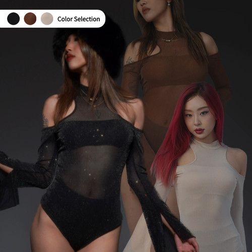 IAMYOYO细闪透纱黑暗荣耀连体衣高弹喇叭袖有胸垫heels显腿长舞蹈