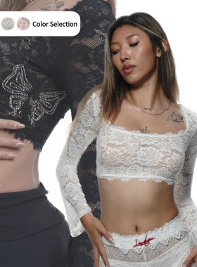 IAMYOYO 蝴蝶蕾丝喇叭袖慕斯练功服系列罩衫瑜伽heels上衣