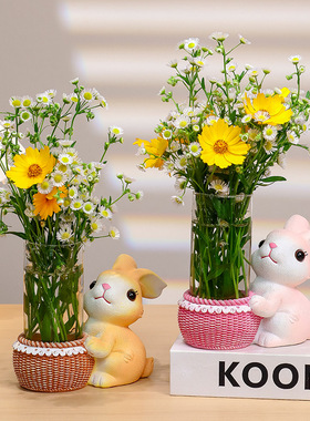 兔子花瓶富贵竹水培造型桌面装饰摆件办公室可爱创意玻璃水养插花