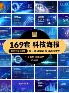 蓝色科技展板插画未来企业商业公司年会海报模板AI/PSD设计素材