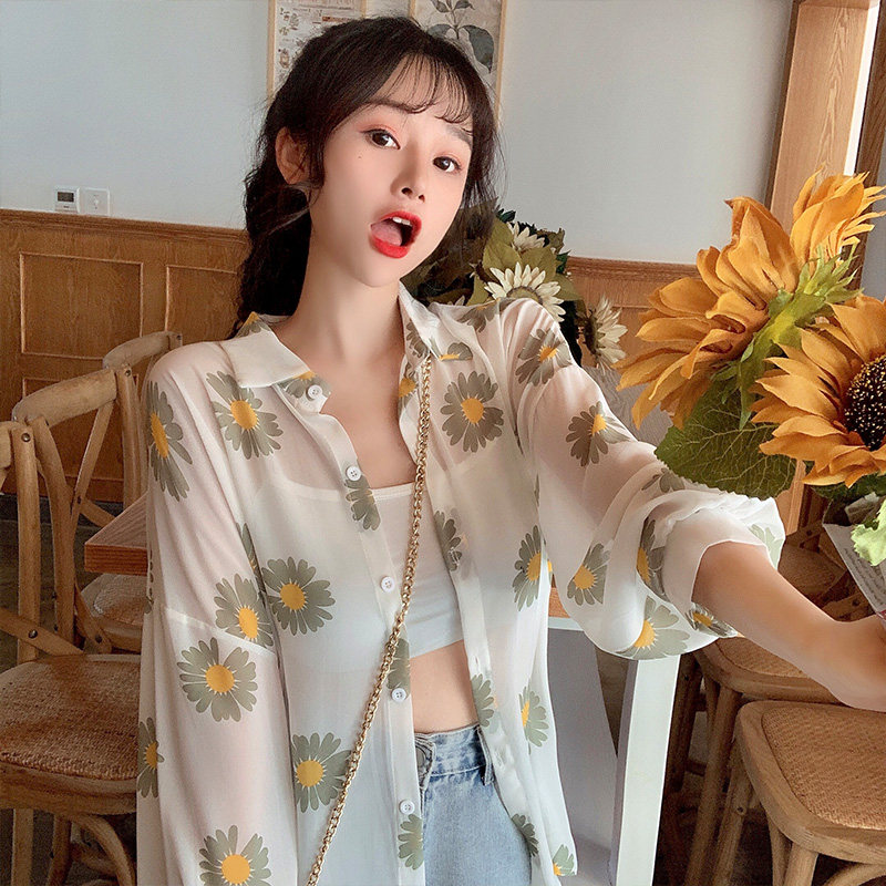 七彩亦酷碎花小雏菊薄款雪纺衬衫女夏季防晒衣超仙的宽松空调衫潮