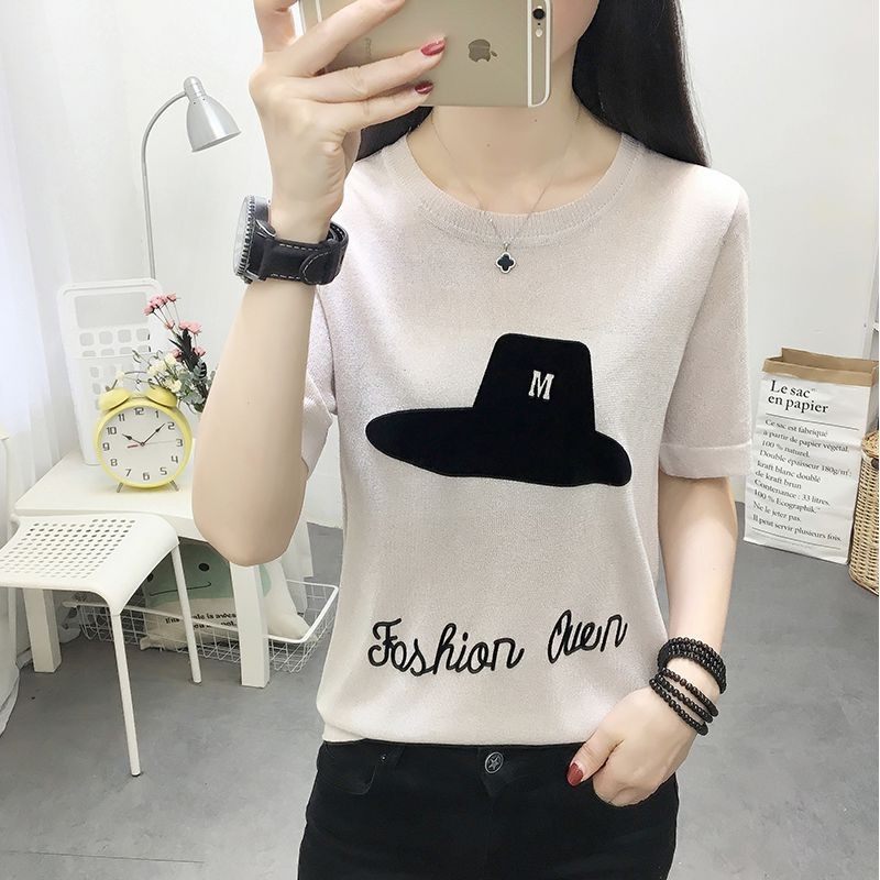 冰丝针织衫短袖2020年新款t恤女士夏季亮丝体恤宽松圆领上衣t桖