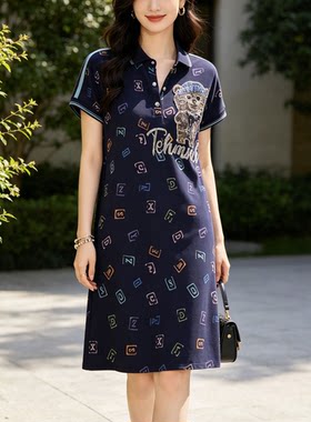 时尚烫钻印花翻领连衣裙女