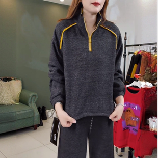合肥欢欢 宽松休闲百搭立领半拉链加绒卫衣女冬25690 惬意灰调