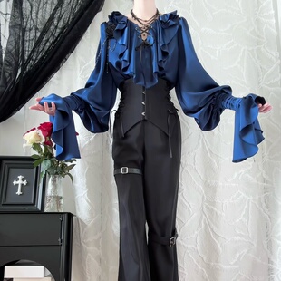【蓝色定金页面】是只猫原创设计露背衬衫高腰西裤王子系Lolita
