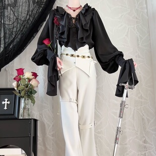 【黑色定金预约】露背衬衫高腰西裤王子系黑色露背V领衬衫