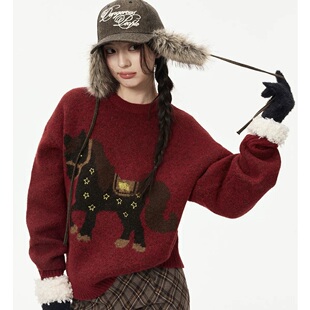 秋冬款富比羊新年小马羊毛衣绵羊毛混纺本命红宽松套头版型针织衫