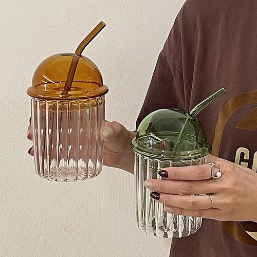 玻璃简约ins风条纹吸管杯