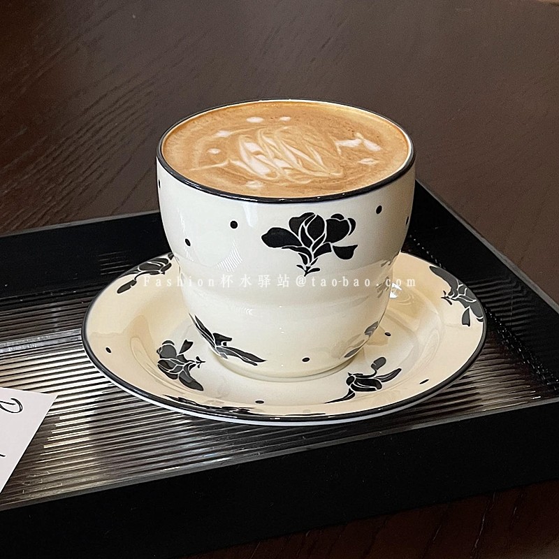 法式小香风玉兰花纹咖啡杯碟中古风葫芦型拿铁拉花杯陶瓷杯碟套装
