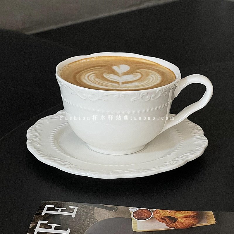 ins法式精致纯色浮雕藤曼杯碟颜值简约陶瓷拿铁咖啡杯咖啡拉花杯,餐饮具,咖啡杯,淘宝优惠券,粉丝福利购,淘宝优惠卷