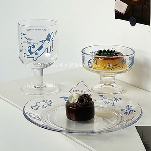 卡通可爱蓝涂鸦小猫插画高脚杯韩式ins布丁甜品杯圆形蛋糕盘套装