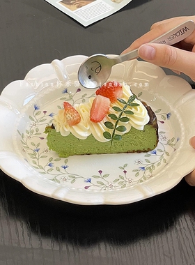 法式复古蓝色花枝陶瓷盘高颜珠点花边ins甜品蛋糕盘牛排西餐盘子