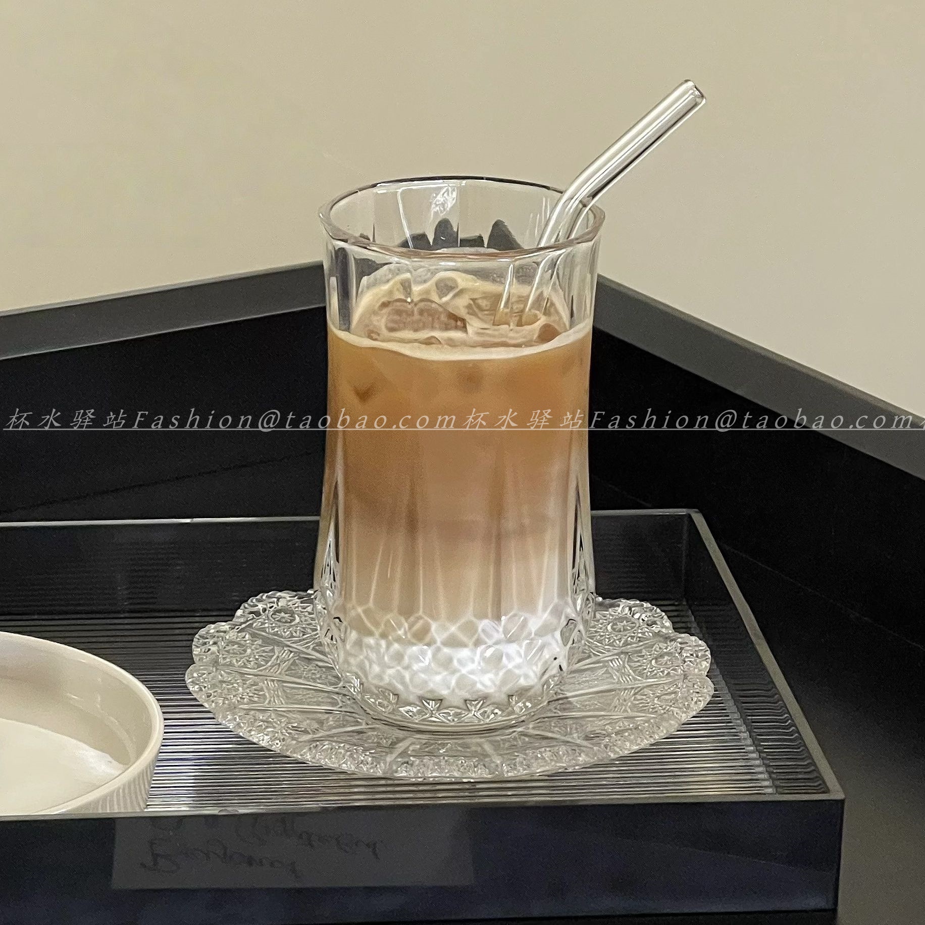 ins风高级感钻石玻璃杯碟家用喝水杯果汁咖啡拿铁杯早餐牛奶杯子