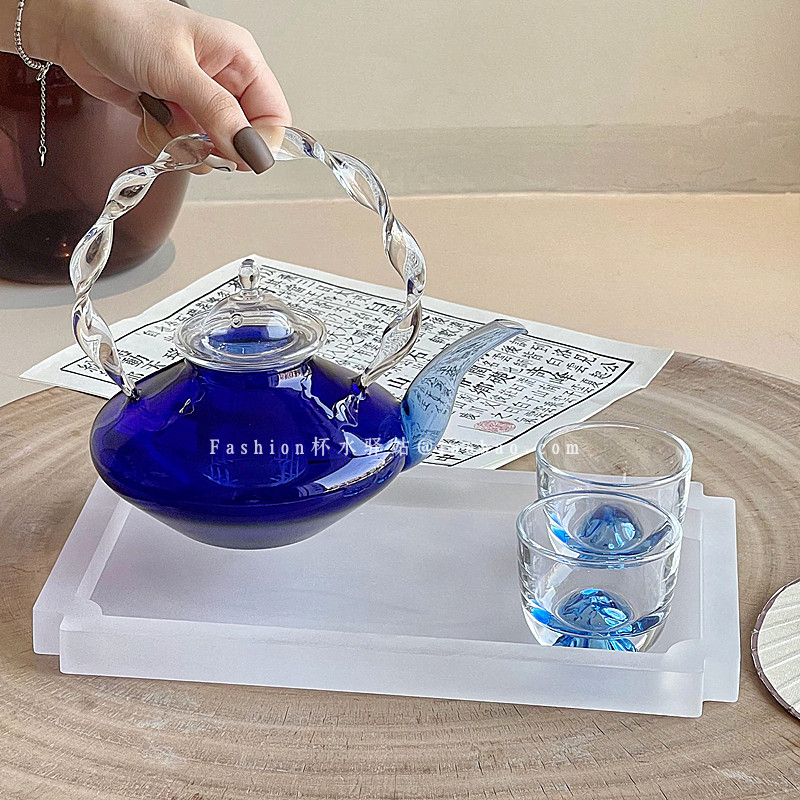 轻奢ins风蓝色冷水壶创意扭纹手柄提梁泡茶壶玻璃花茶杯茶具套装