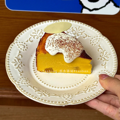 法式复古风做旧窑变陶瓷盘下午茶点心蛋糕盘ins珠点浮雕甜品碟子