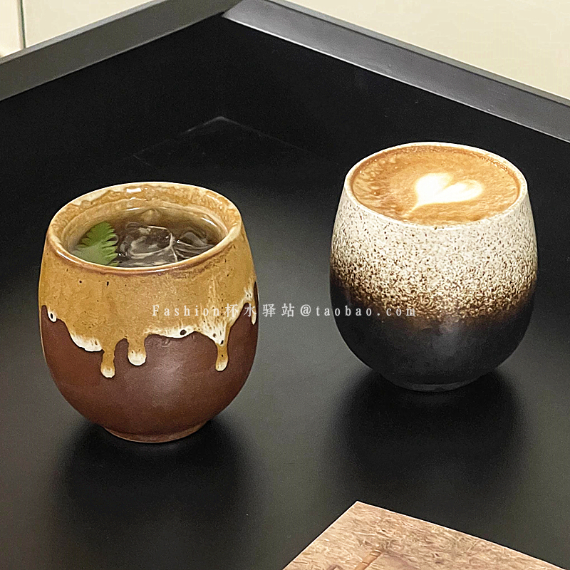 日式复古陶瓷咖啡杯意式浓缩拉花花冰拿铁杯木托盘套装咖啡店出品