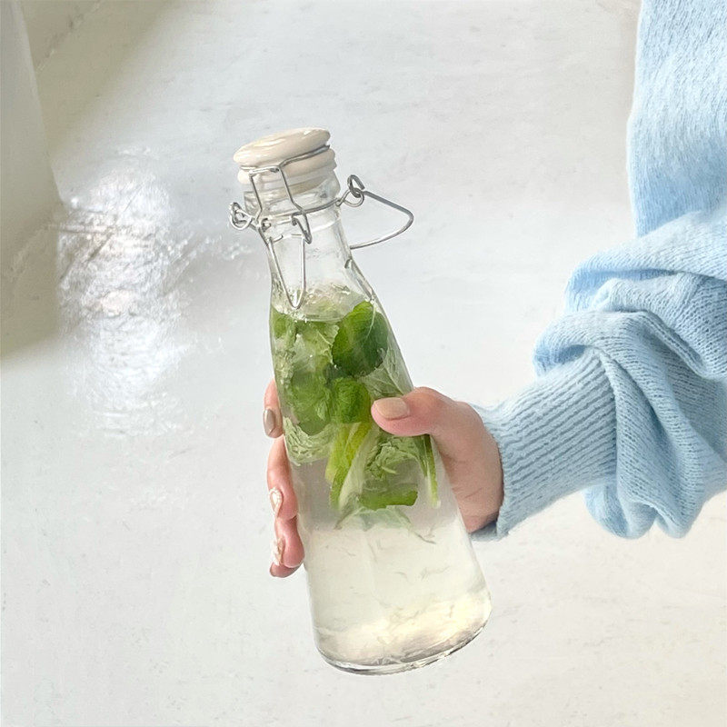 ins高颜值密封手提奶茶瓶咖啡瓶冷饮果汁瓶牛奶酸奶玻璃瓶卡扣式