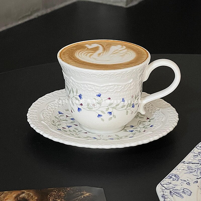 复古法式ins花枝浮雕蕾丝陶瓷咖啡杯碟高颜值下午茶拿铁拉花杯碟