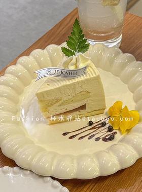 法式ins风陶瓷奶油黄色蛋糕盘高级感珍珠花边点心盘甜品糕点盘子