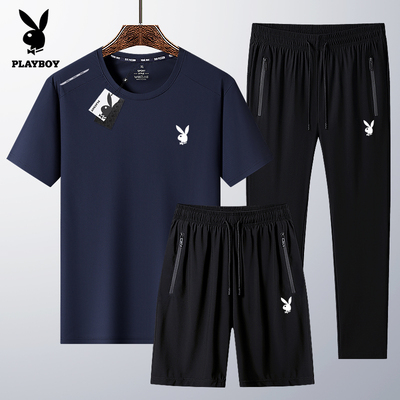 花花公子2025新款冰丝短袖t恤男士夏季爸爸夏装套装中老年40-60岁