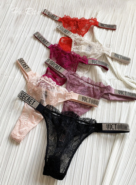 闪耀水钻LOGO丁字裤蕾丝性感内裤女TBACK无痕高腰T字裤包邮黑色