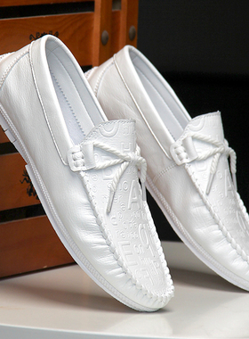 男士网红豆豆白色皮鞋英伦2025年新款懒人鞋一脚蹬休闲软底软面鞋