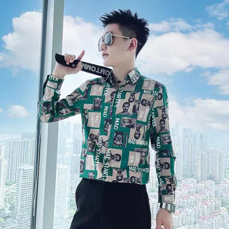 免烫弹力痞帅潮牌男士衬衫休闲网红青年修身韩版长袖男装印花上衣