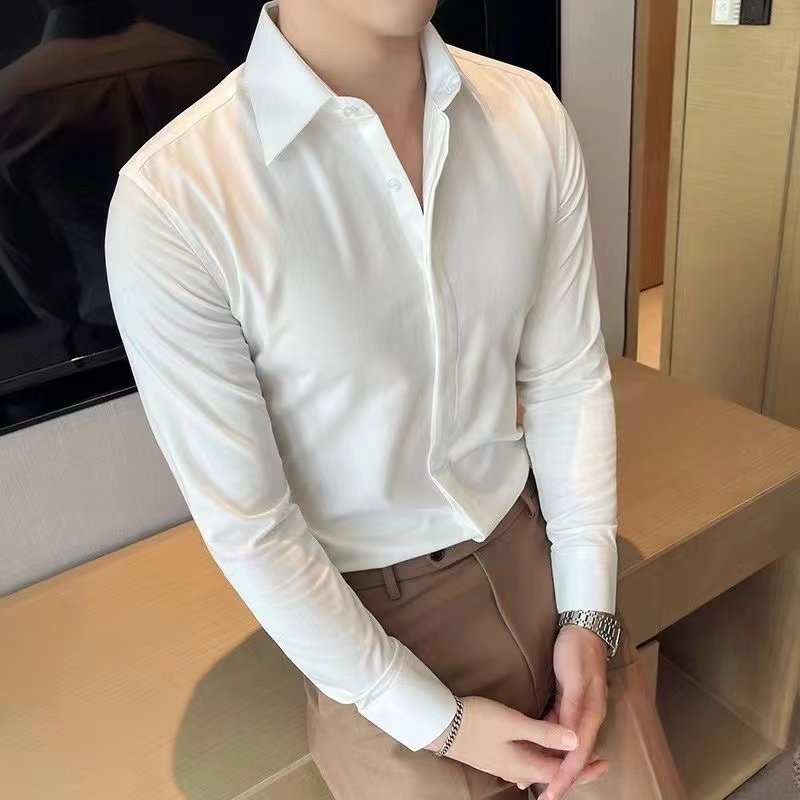 高级感暗门襟男士韩版潮流衬衫修身百搭青年长袖休闲商务职业衬衣