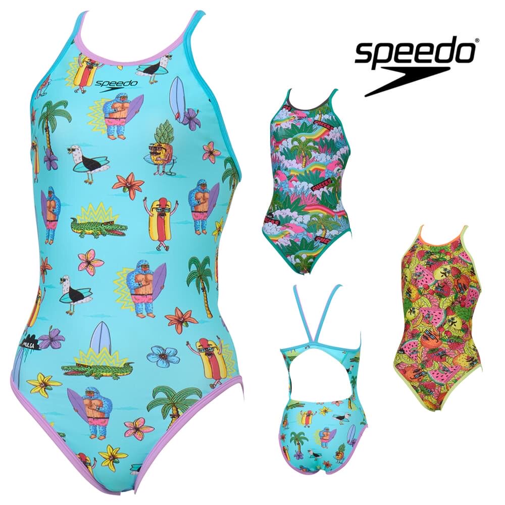 日本代购Speedo速比涛女士三角连体泳衣露背耐氯卡通印花紧身游泳
