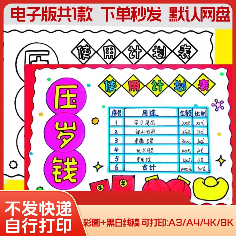 我的压岁钱手抄报龙年压岁钱记录压岁钱使用计划统计表电子小报