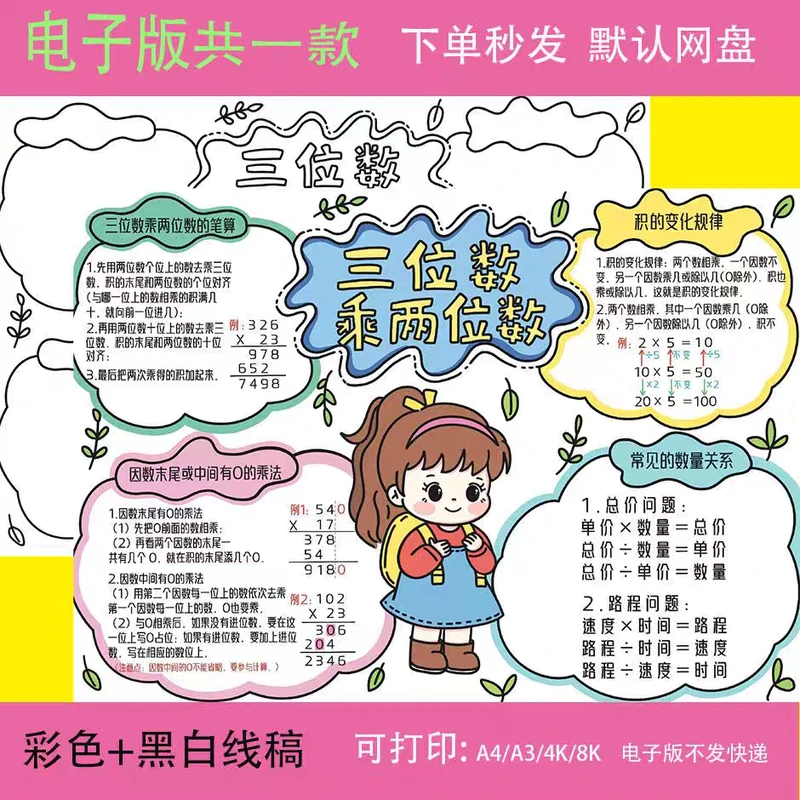 四年级数学小报三位数乘两位数黑白线描涂色空白小学生手抄报模板