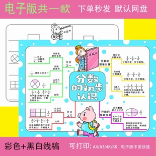 分数的初步认识思维导图手抄报小学生三年级数学涂色电子小报线稿