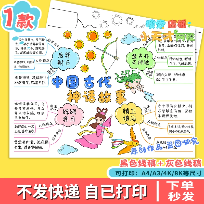 中国古代神话故事思维导图手抄报小学生神话思维导图读书卡f251