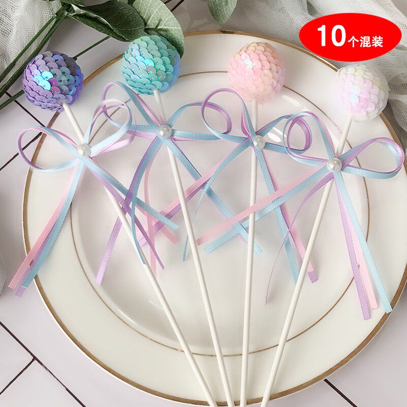 生日蛋糕装饰插旗彩色亮片爱心棒棒糖果色蝴蝶结烘焙装扮插件插牌