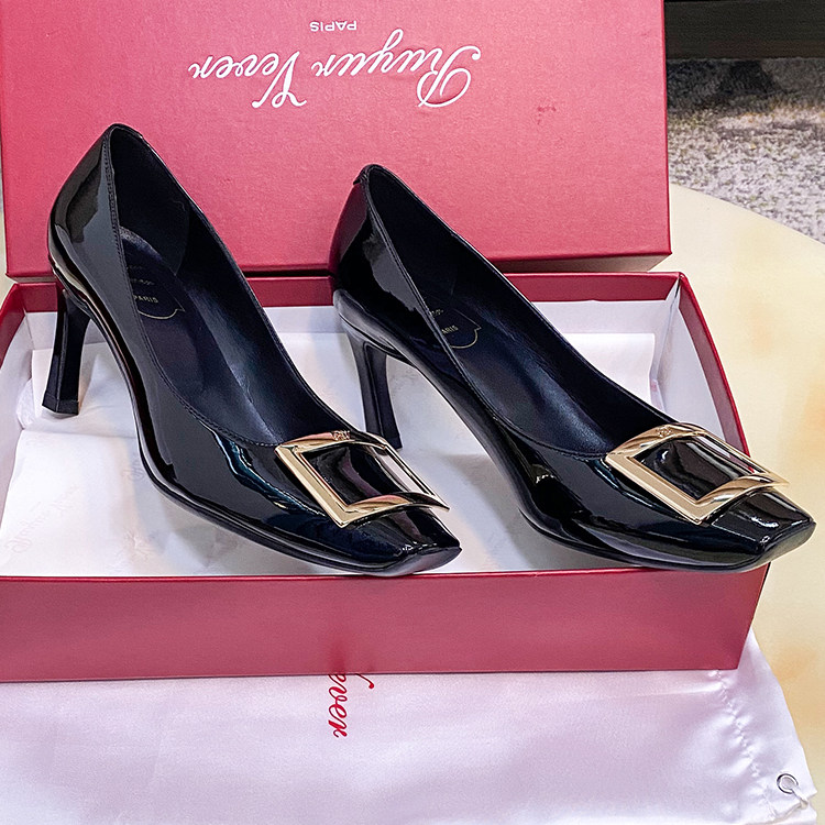 工厂关闭 高端版RV高跟漆皮方扣女鞋明星同款真皮女单鞋特价清仓