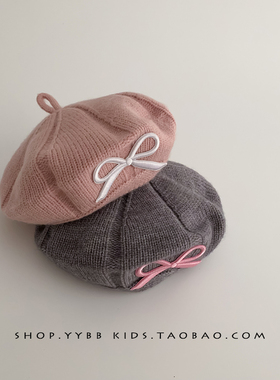 女童贝雷帽秋冬款甜美刺绣蝴蝶结保暖防风毛线帽女宝宝针织画家帽
