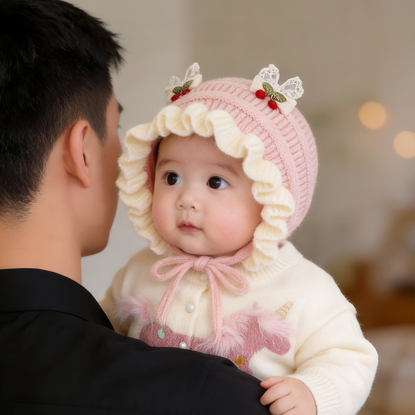 婴幼儿帽子秋冬款保暖加厚针织护耳公主花边帽女宝宝小月龄毛线帽
