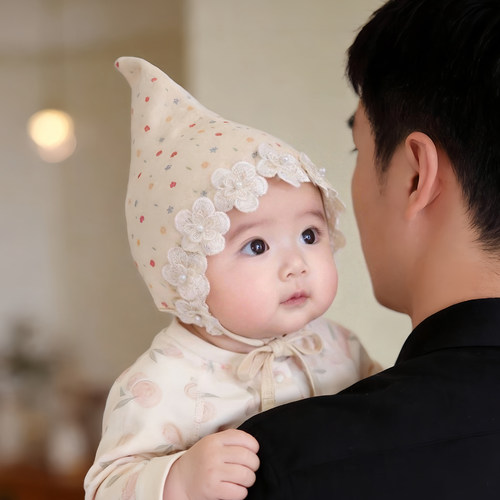 韩版碎花婴儿帽子春秋款护囟门胎帽女宝宝小月龄防风精灵包头帽冬