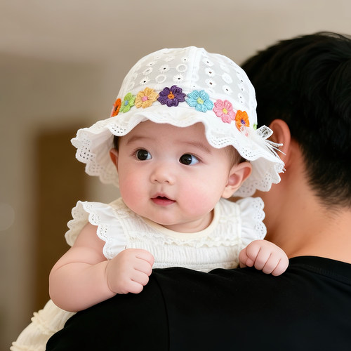 婴儿帽子夏季薄款网眼彩色小花遮阳防晒渔夫帽女宝宝小月龄盆帽韩